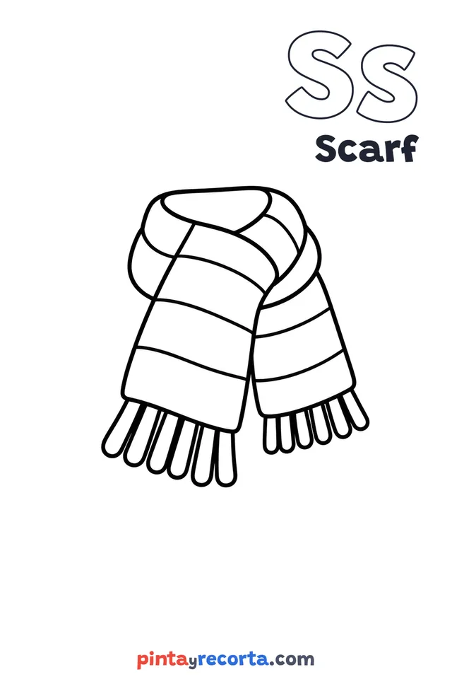 Scarf coloring page with the letter Ss and the word Scarf, easy level