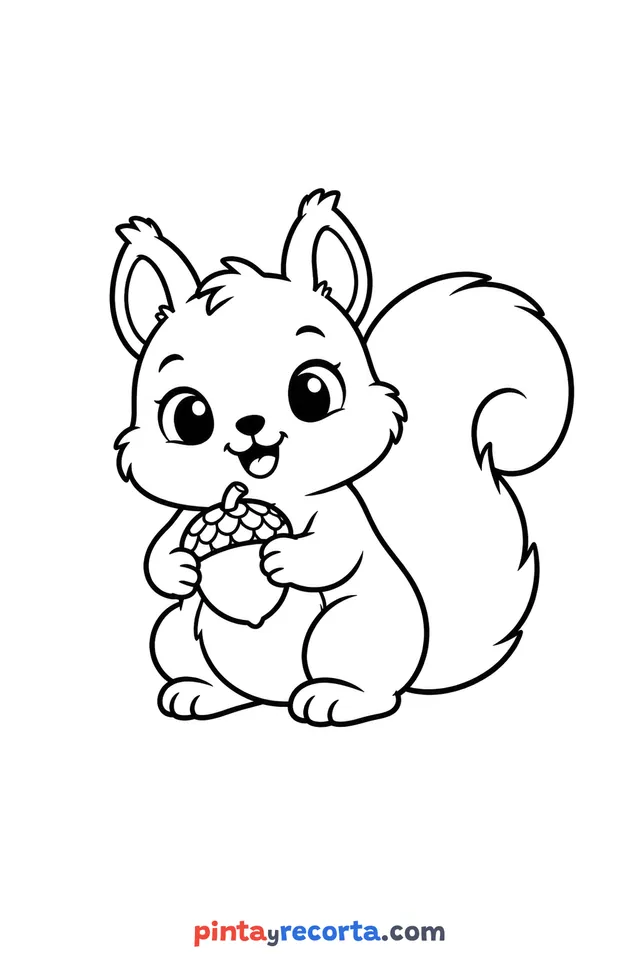 Fall squirrel coloring page, easy level with thick outlines and big spaces