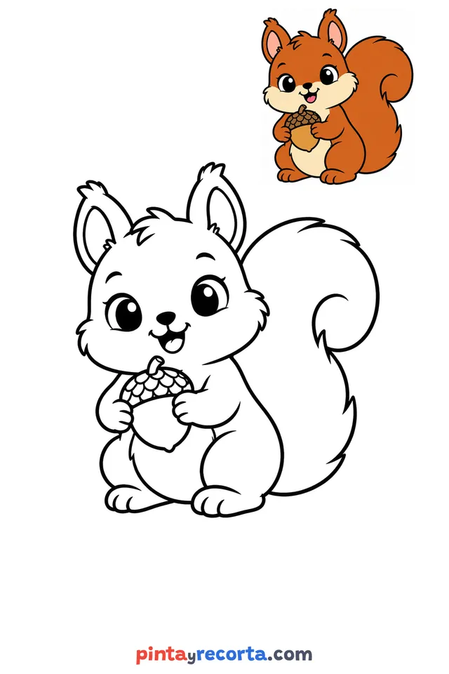 Squirrel coloring page with a small color guide, easy level