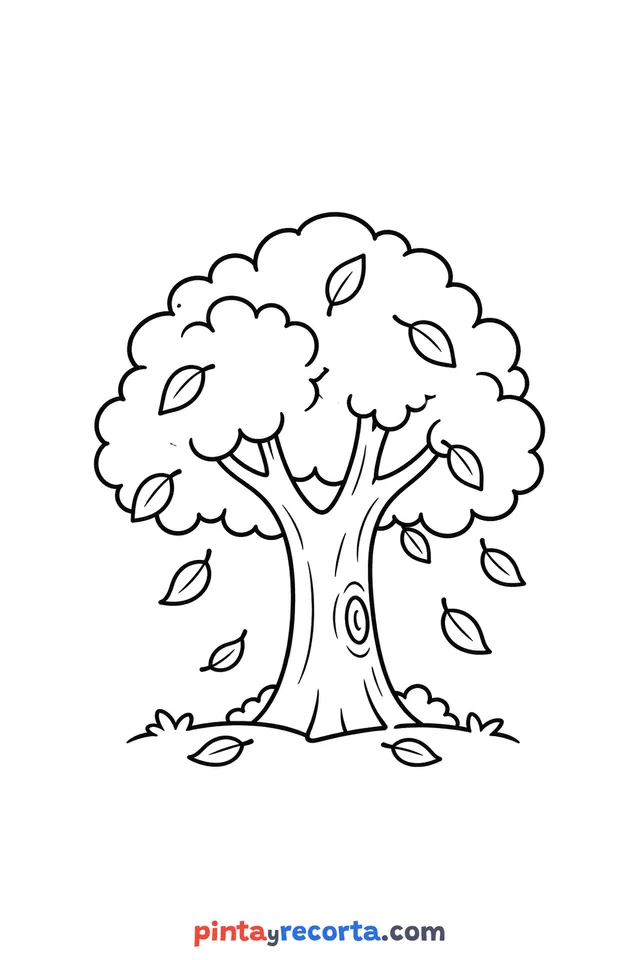 Fall tree coloring page, easy level with thick outlines and big spaces