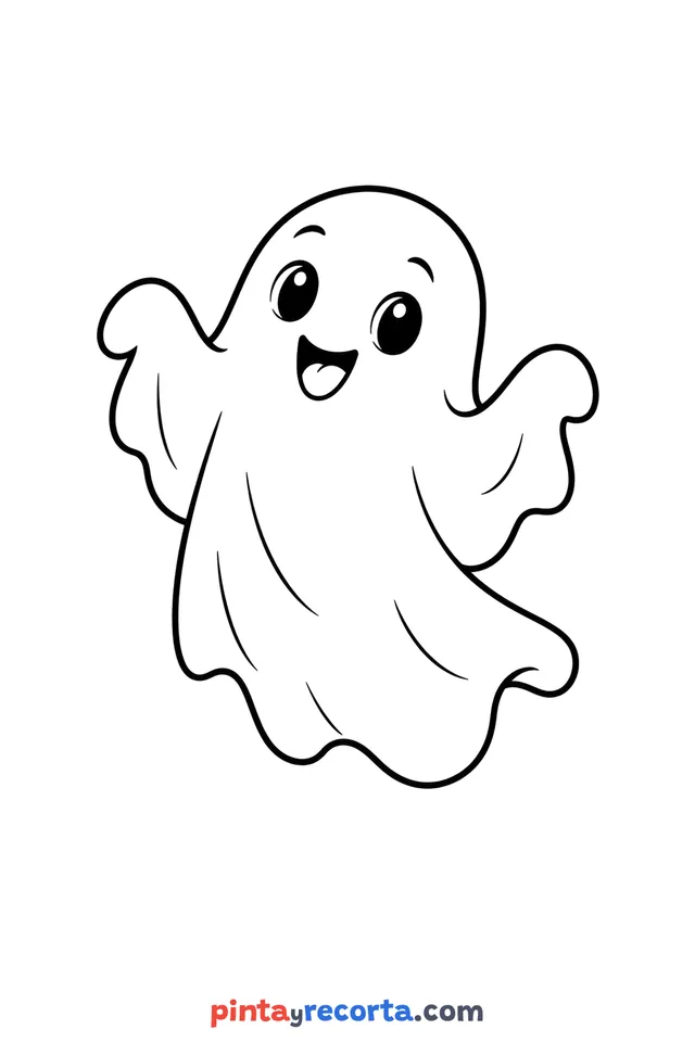 Dibujo de fantasma para colorear en pose amistosa, nivel básico con trazos gruesos y áreas grandes