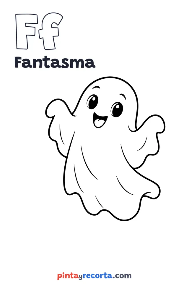 Dibujo de fantasma para colorear con la letra Ff y la palabra Fantasma, nivel básico