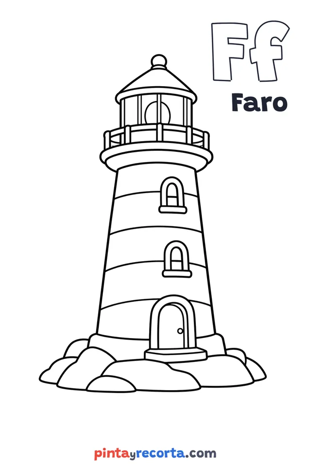 Dibujo de faro para colorear con la letra Ff y la palabra Faro, nivel básico