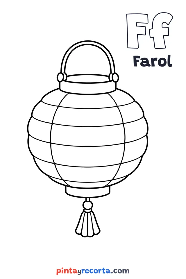 Dibujo de farol para colorear con la letra Ff y la palabra Farol, nivel básico