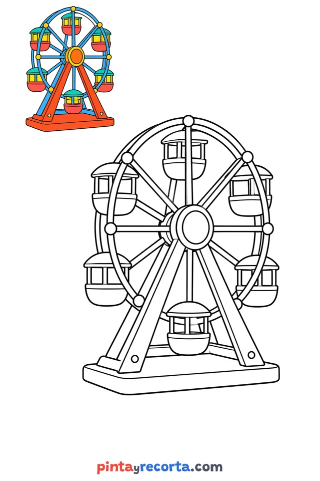 Ferris wheel coloring page with a small color guide, easy level