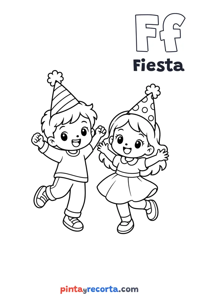Dibujo de fiesta para colorear con la letra Ff y la palabra Fiesta, nivel básico