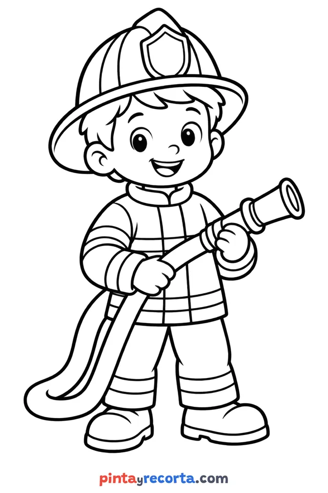 Firefighter coloring page: full-body firefighter with their tools, easy level with thick outlines and big spaces