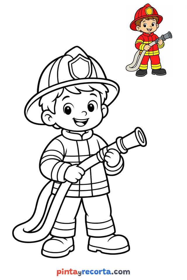Firefighter coloring page with a small color guide, easy level