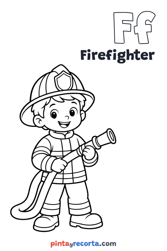 Firefighter coloring page with the letter Ff and the word Firefighter, easy level