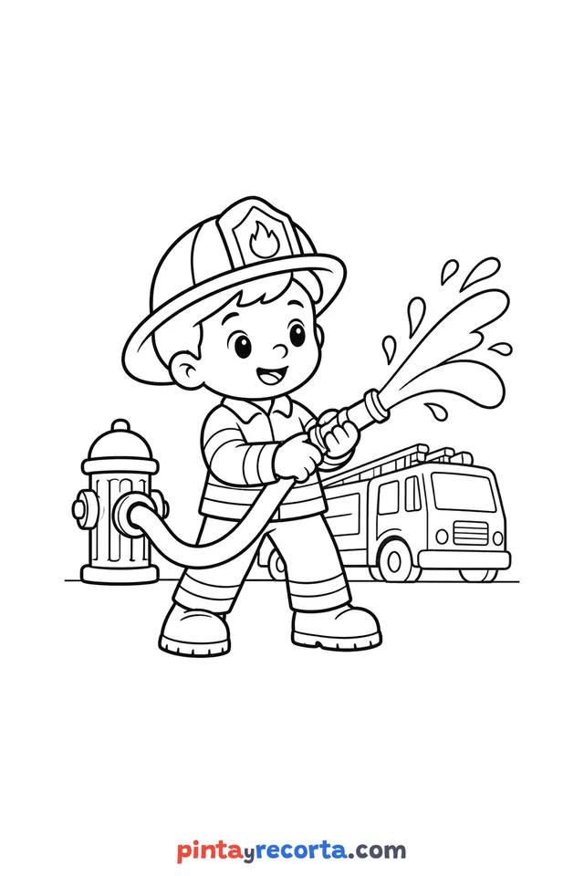 Firefighter coloring page: firefighter at work, easy level with thick outlines and big spaces
