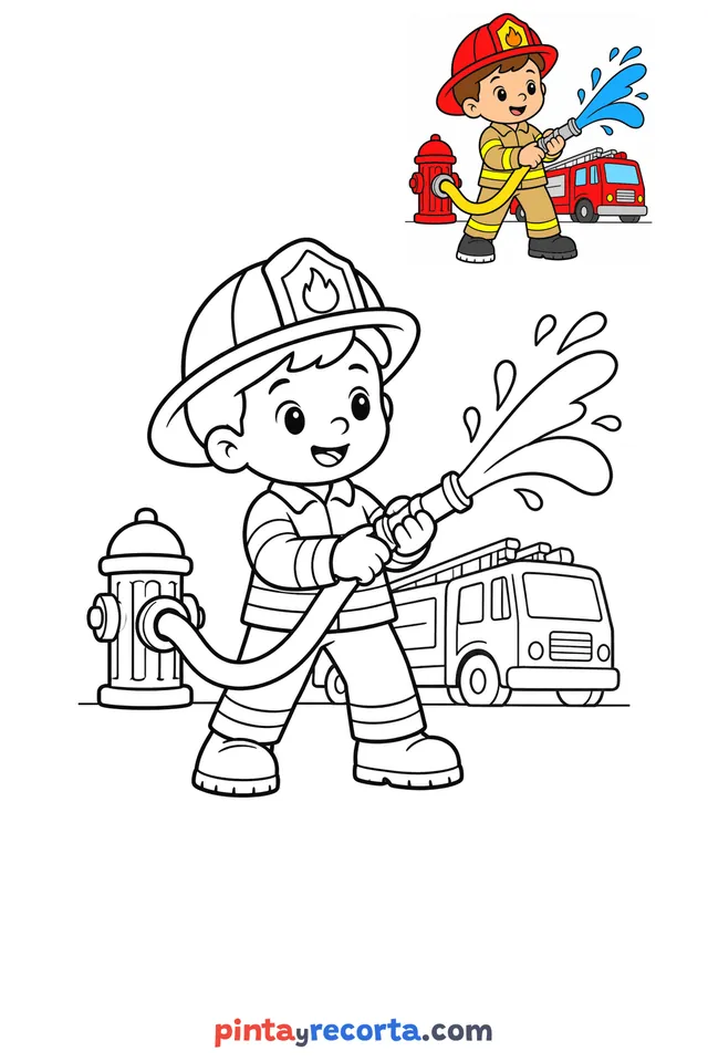 Firefighter coloring page with a small color guide, easy level