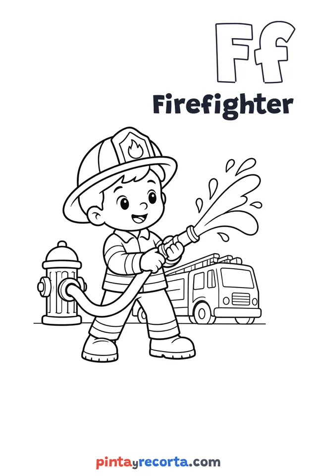 Firefighter coloring page with the letter Ff and the word Firefighter, easy level