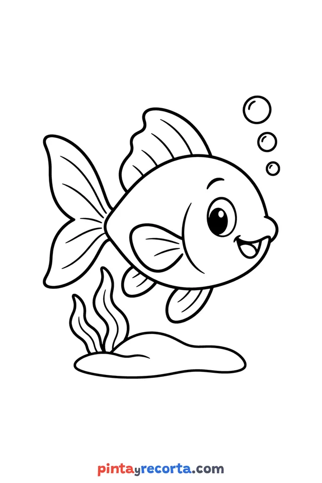 Fish coloring page: swimming next to some seaweed, easy level with thick outlines and big spaces