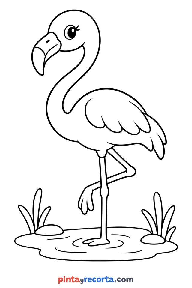 Flamingo coloring page: full body in a calm pose, easy level with thick outlines and big spaces