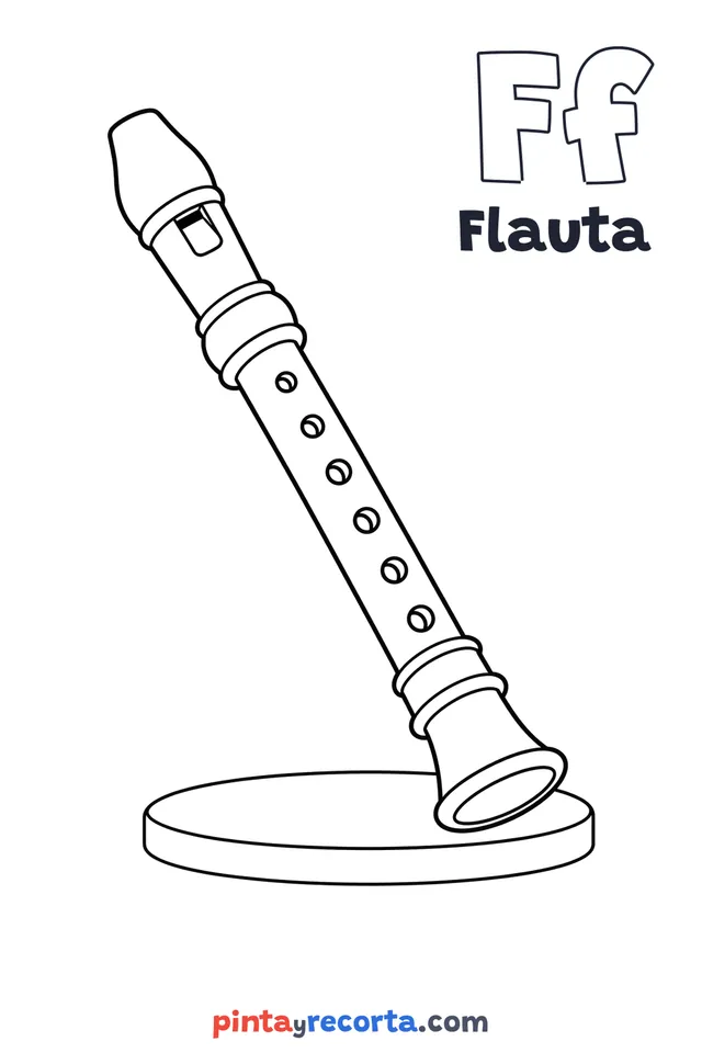 Dibujo de flauta para colorear con la letra Ff y la palabra Flauta, nivel básico