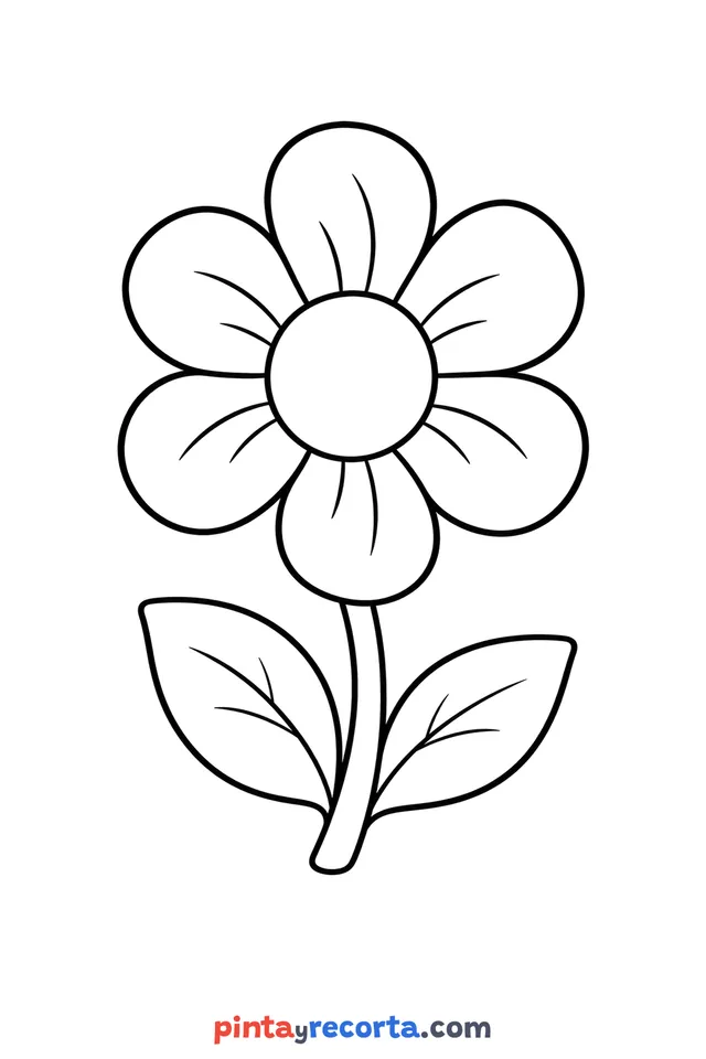 Dibujo de flor para colorear como protagonista de la hoja, nivel básico con trazos gruesos y áreas grandes