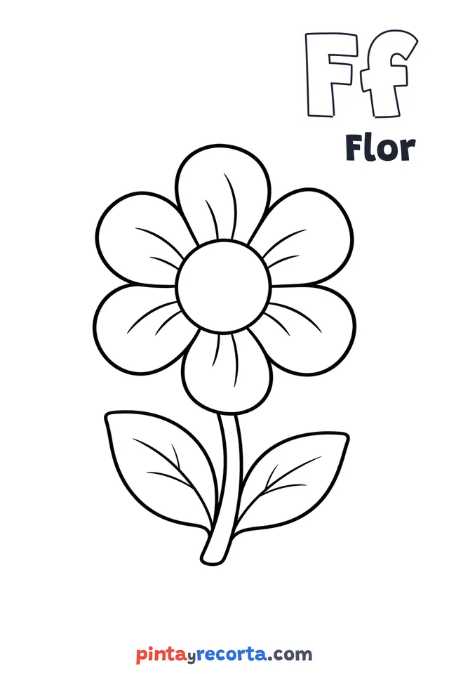 Dibujo de flor para colorear con la letra Ff y la palabra Flor, nivel básico