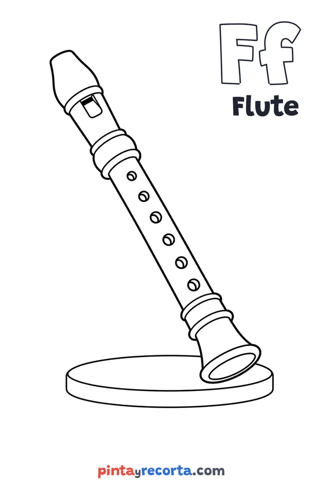 Flute coloring page with the letter Ff and the word Flute, easy level