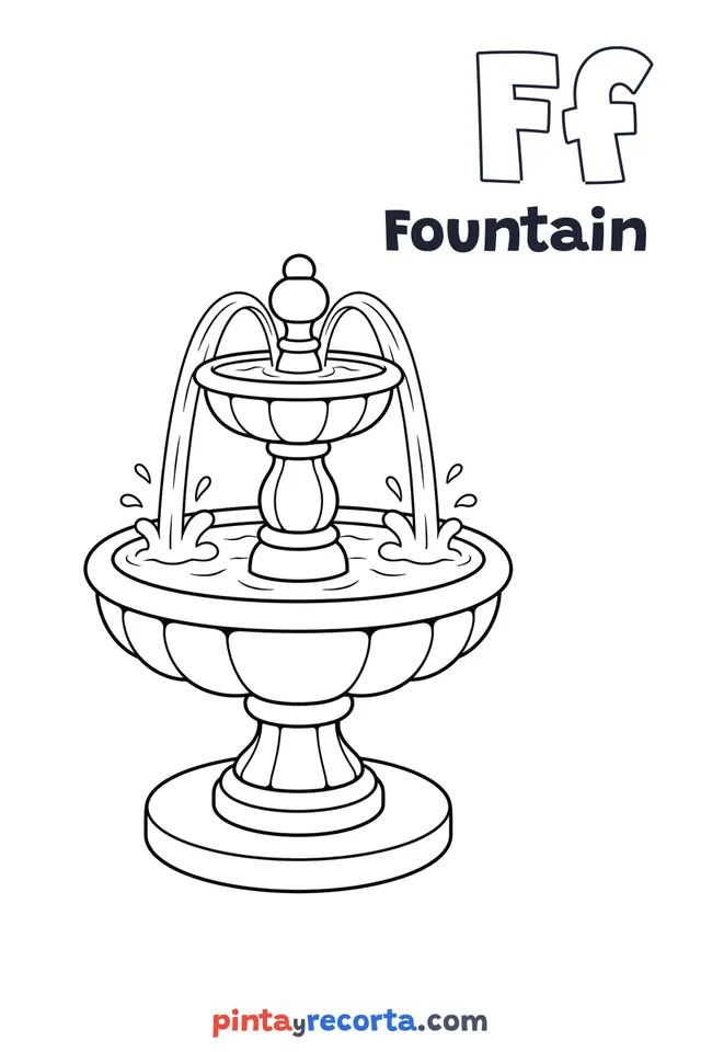 Fountain coloring page with the letter Ff and the word Fountain, easy level