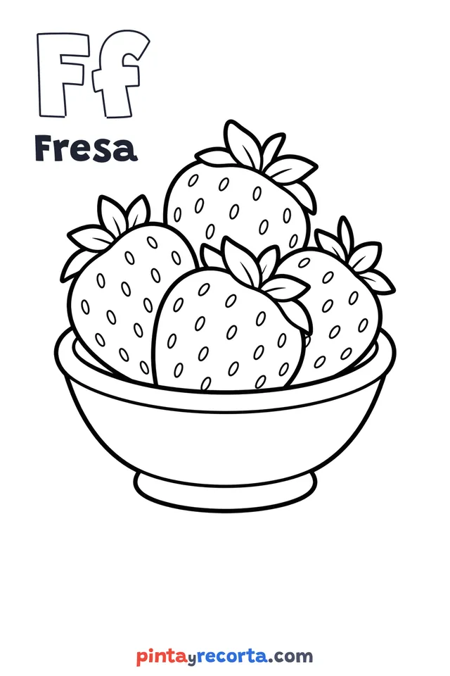 Dibujo de fresa para colorear con la letra Ff y la palabra Fresa, nivel básico
