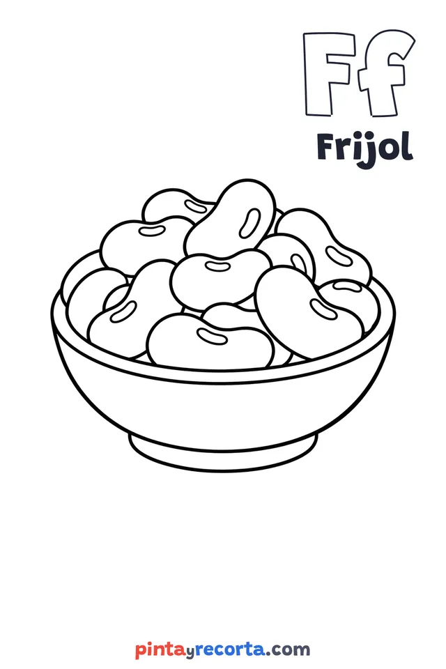 Dibujo de frijol para colorear con la letra Ff y la palabra Frijol, nivel básico