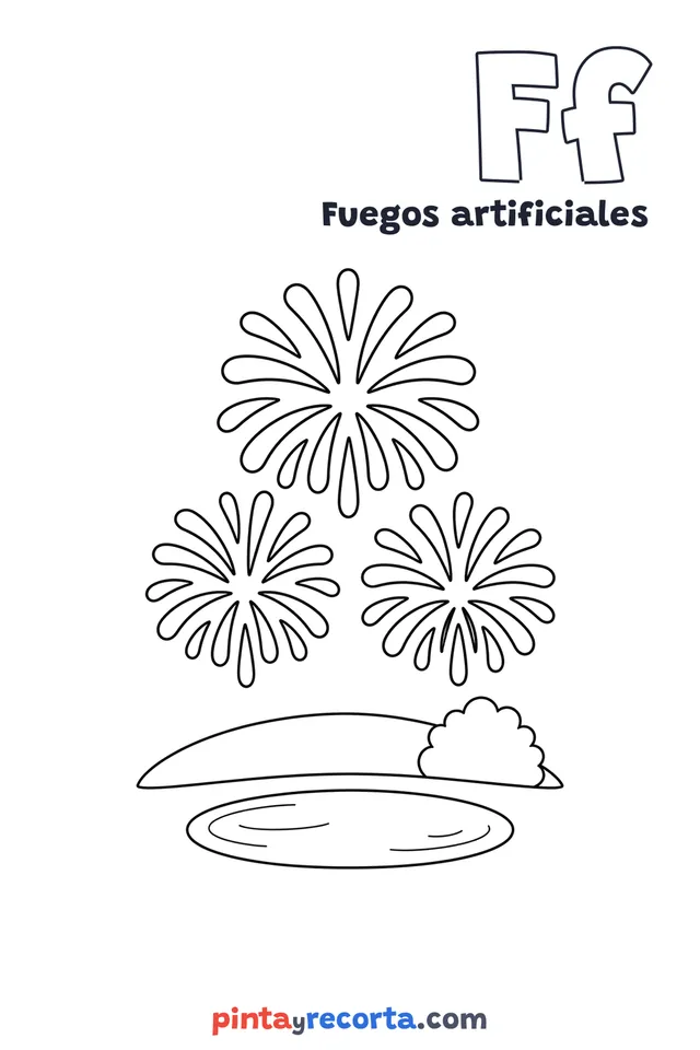 Dibujo de fuegos artificiales para colorear con la letra Ff y la palabra Fuegos artificiales, nivel básico