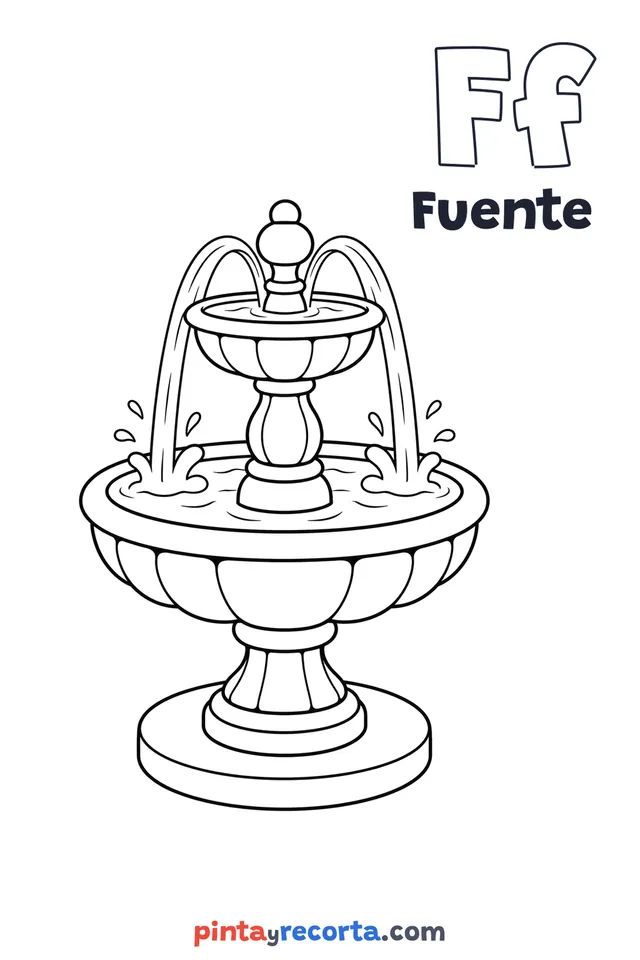 Dibujo de fuente para colorear con la letra Ff y la palabra Fuente, nivel básico