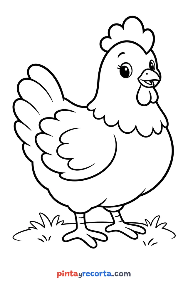 Dibujo de gallina para colorear de cuerpo completo en pose tranquila, nivel básico con trazos gruesos y áreas grandes