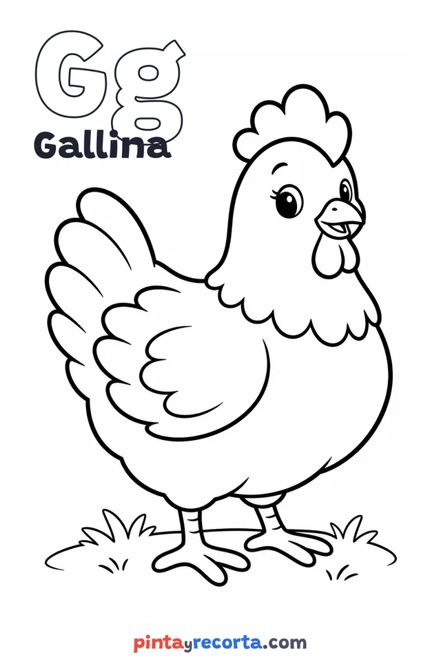 Dibujo de gallina para colorear con la letra Gg y la palabra Gallina, nivel básico