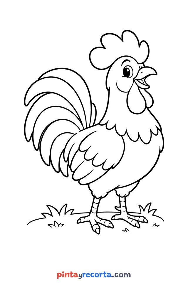Dibujo de gallo para colorear de cuerpo completo en pose tranquila, nivel básico con trazos gruesos y áreas grandes