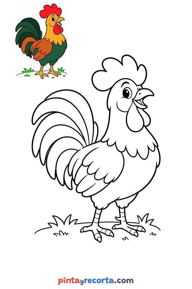 Dibujo de gallo para colorear con una guía de color en miniatura, nivel básico