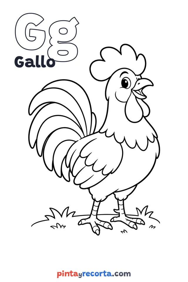 Dibujo de gallo para colorear con la letra Gg y la palabra Gallo, nivel básico