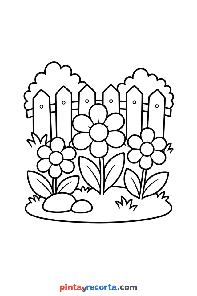 Garden coloring page: with flowers in front of a wooden fence, easy level with thick outlines and big spaces