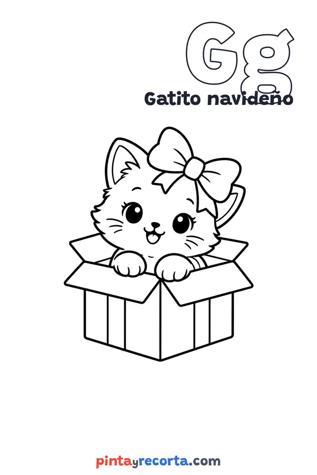 Dibujo de gatito navideño para colorear con la letra Gg y la palabra Gatito navideño, nivel básico