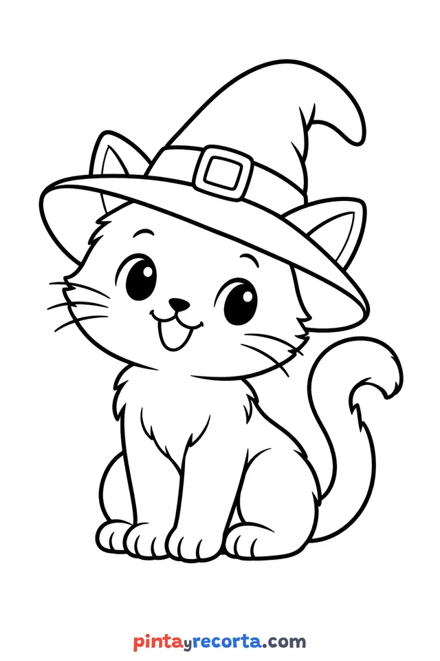 Dibujo de gato de Halloween para colorear, nivel básico con trazos gruesos y áreas grandes