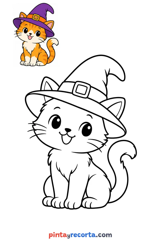Dibujo de gato para colorear con una guía de color en miniatura, nivel básico