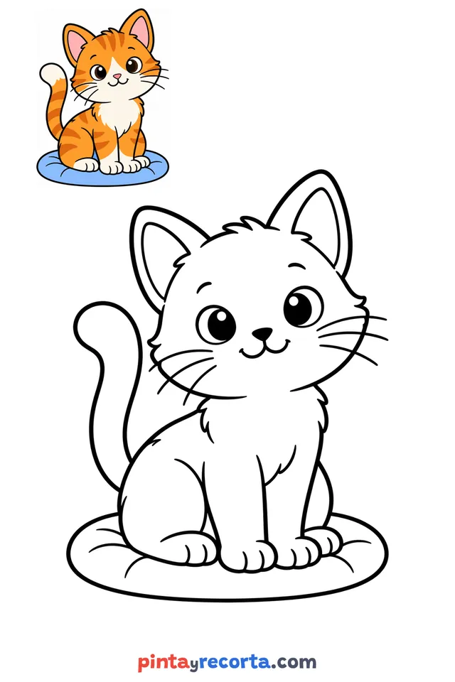 Dibujo de gato para colorear con una guía de color en miniatura, nivel básico