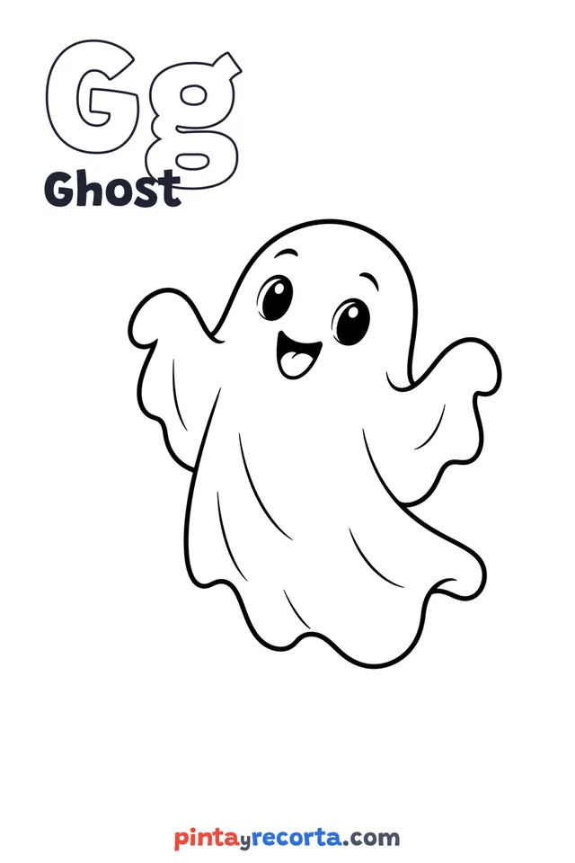 Ghost coloring page with the letter Gg and the word Ghost, easy level
