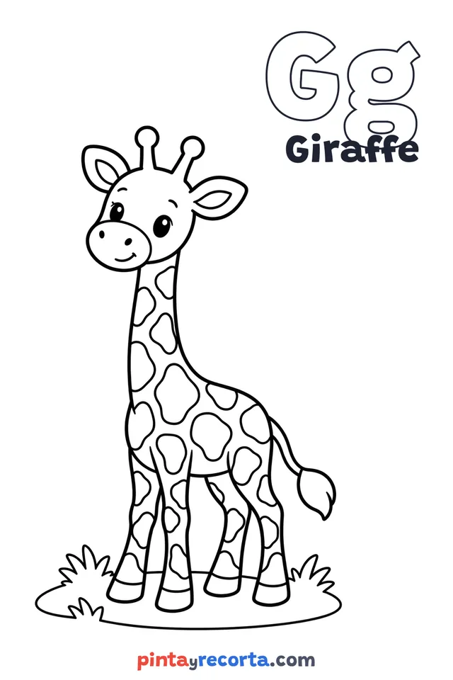 Giraffe coloring page with the letter Gg and the word Giraffe, easy level