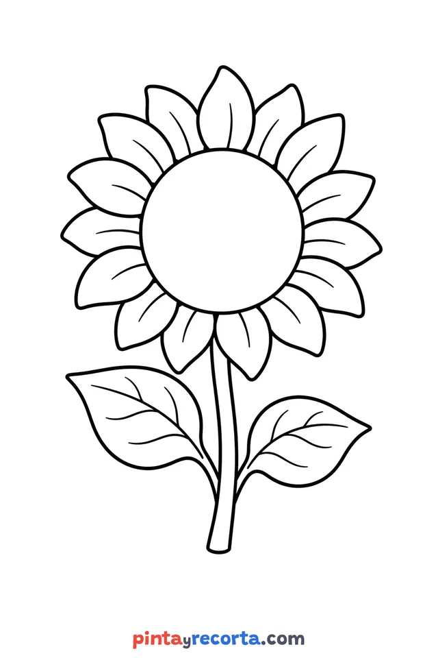 Dibujo de girasol para colorear como protagonista de la hoja, nivel básico con trazos gruesos y áreas grandes