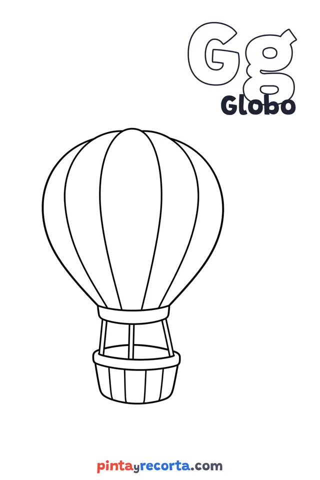 Dibujo de globo para colorear con la letra Gg y la palabra Globo, nivel básico