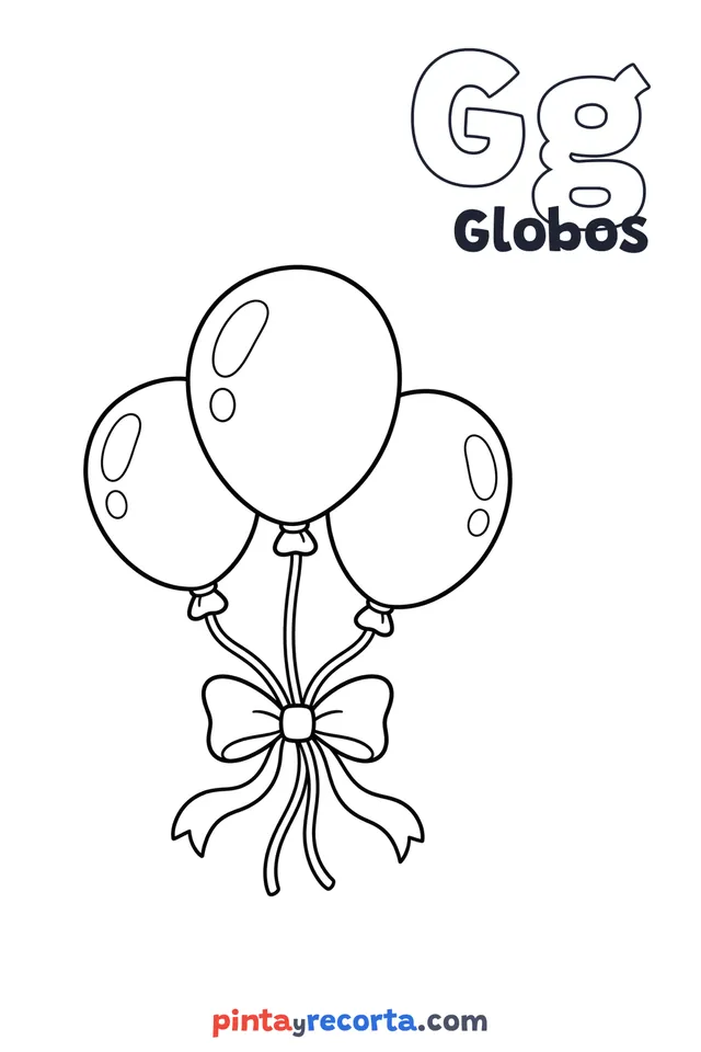 Dibujo de globos para colorear con la letra Gg y la palabra Globos, nivel básico