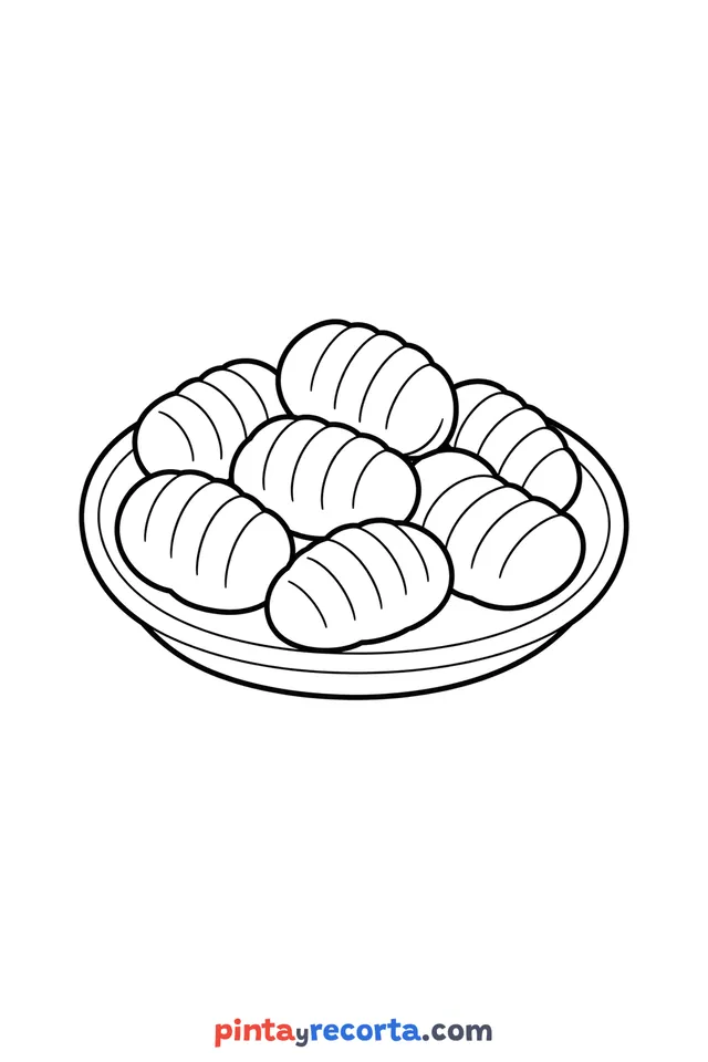 Gnocchi coloring page: served on a plate, easy level with thick outlines and big spaces
