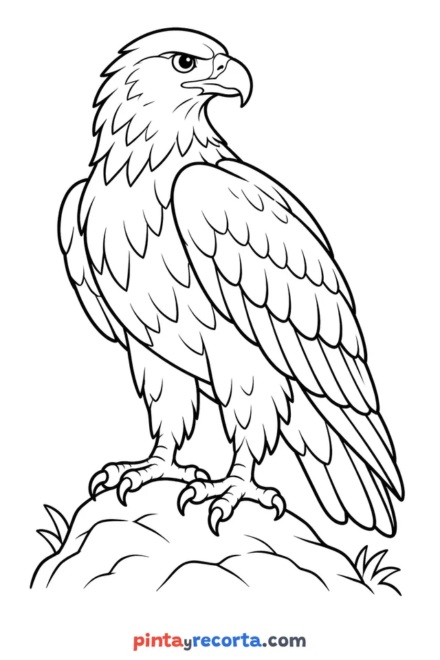 Golden eagle coloring page: full-body golden eagle in a calm pose, easy level with thick outlines and big spaces