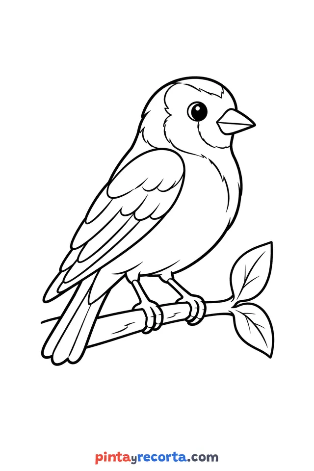 Goldfinch coloring page: perched on a leafy branch, easy level with thick outlines and big spaces