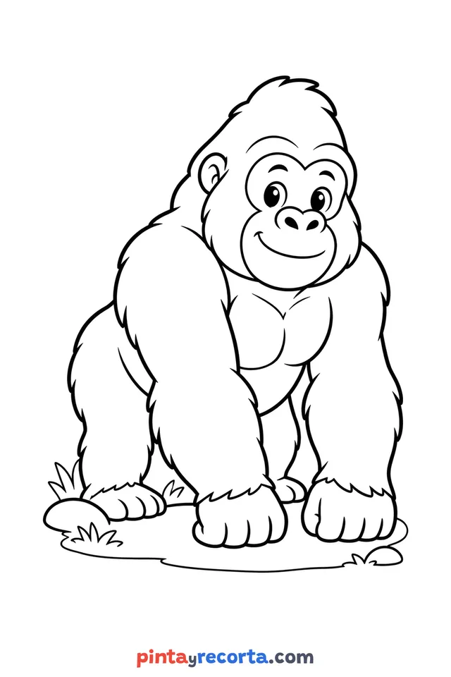 Dibujo de gorila para colorear de cuerpo completo en pose tranquila, nivel básico con trazos gruesos y áreas grandes