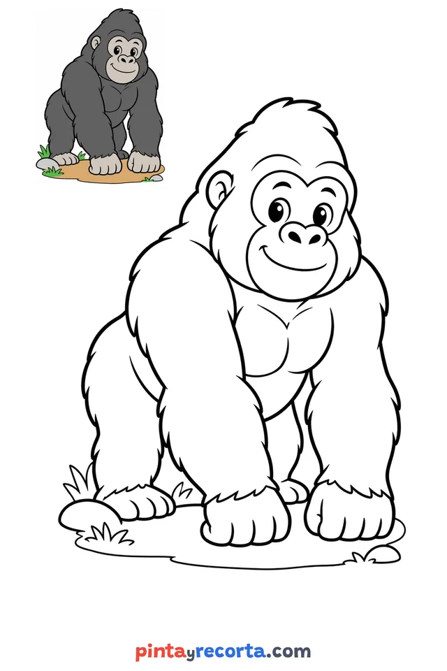 Dibujo de gorila para colorear con una guía de color en miniatura, nivel básico