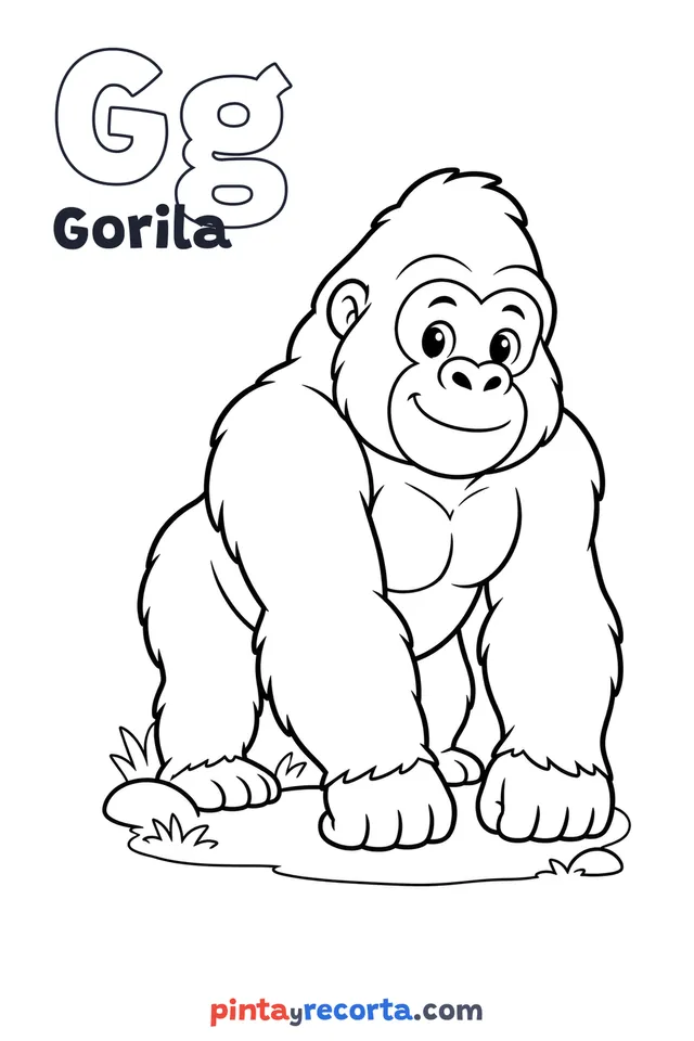 Dibujo de gorila para colorear con la letra Gg y la palabra Gorila, nivel básico