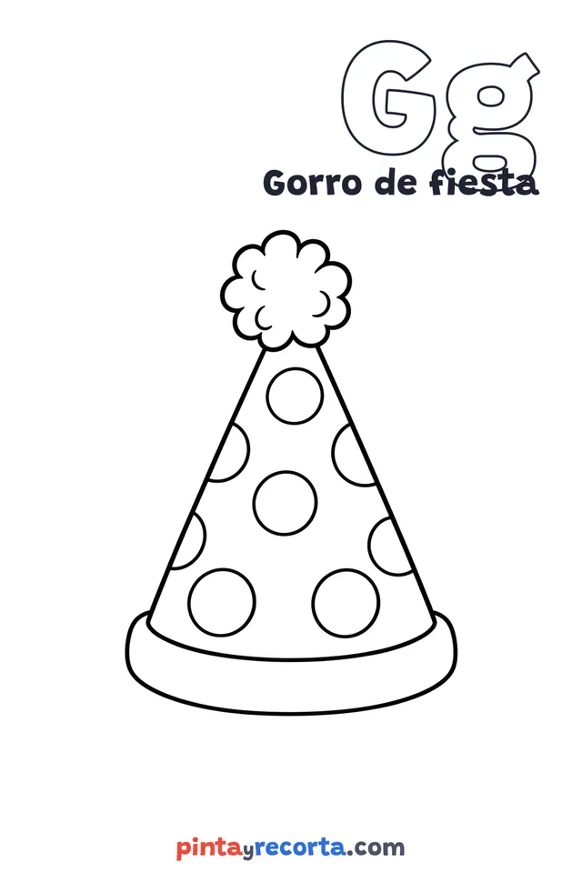 Dibujo de gorro de fiesta para colorear con la letra Gg y la palabra Gorro de fiesta, nivel básico