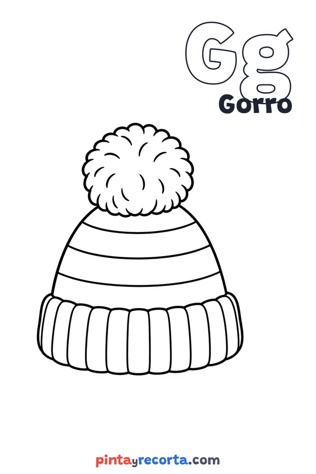 Dibujo de gorro para colorear con la letra Gg y la palabra Gorro, nivel básico